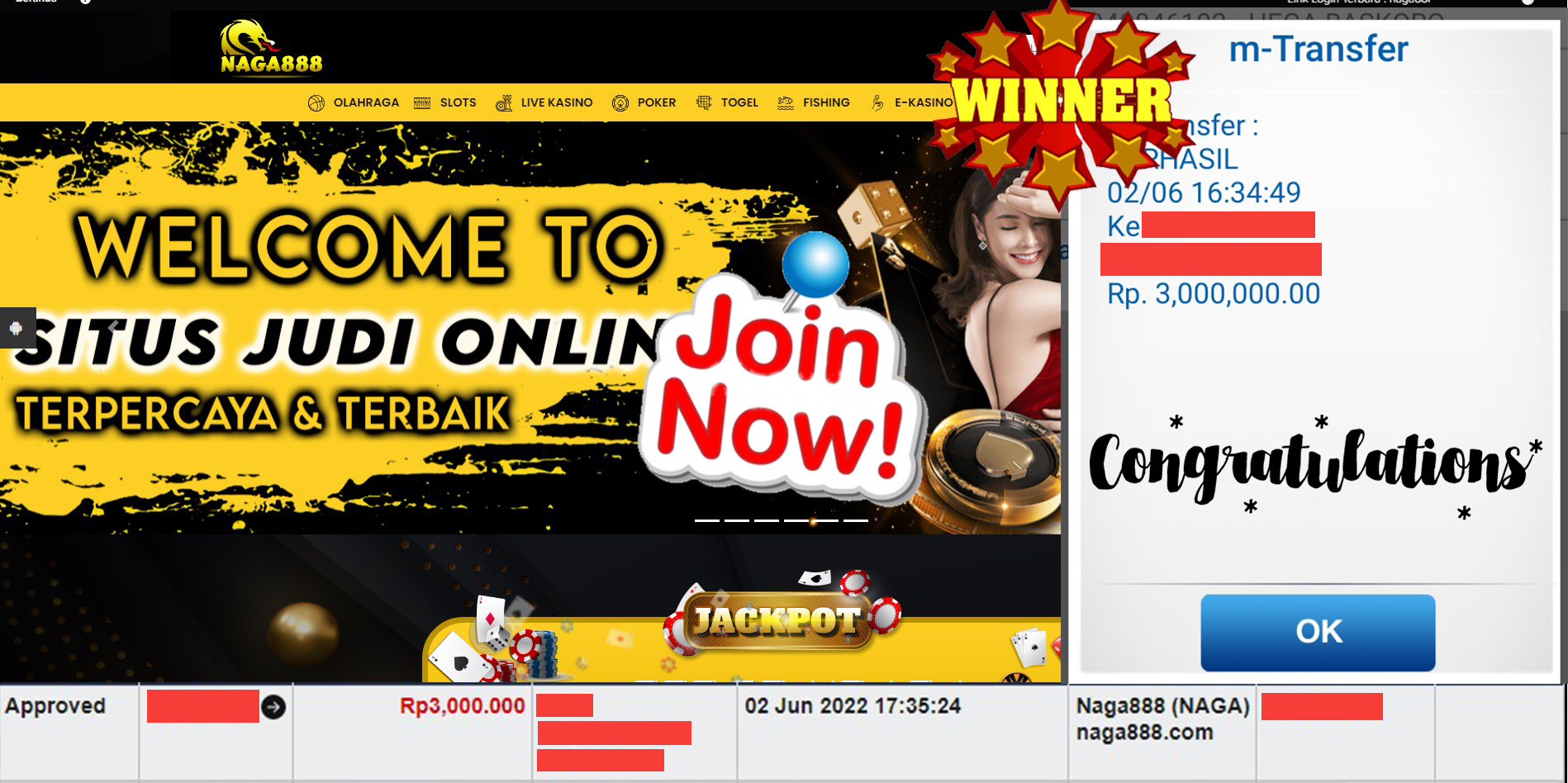 Bukti Kemenangan WD IDR 3.000.000 | Naga888