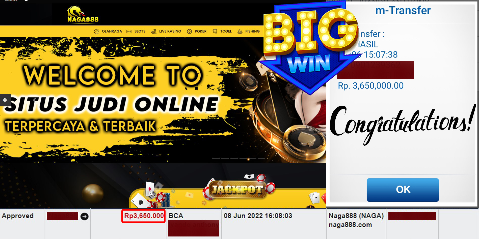 Bukti Kemenangan WD IDR 3.650.000 | Naga888