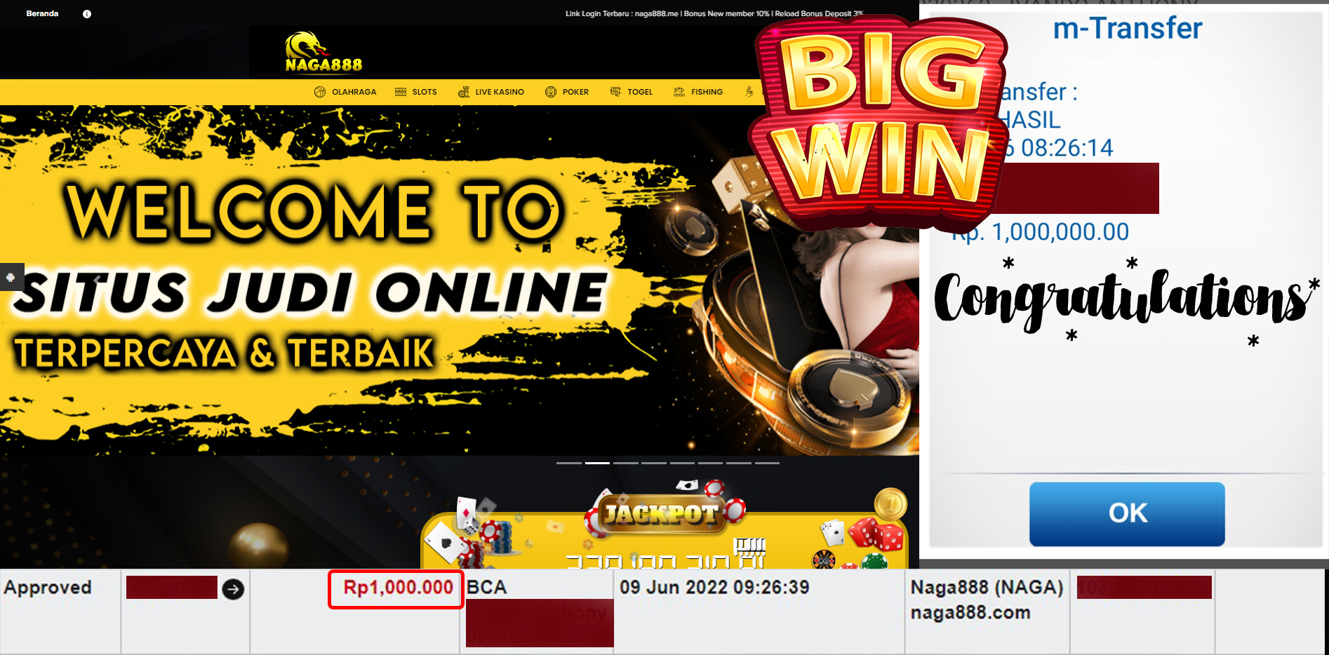 Bukti Kemenangan WD IDR 1.000.000 | Naga888