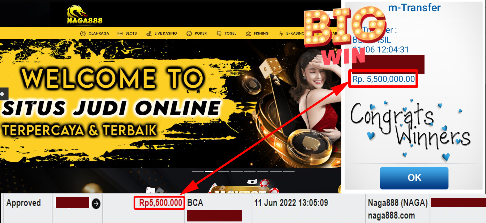 Bukti Kemenangan WD IDR 5.500.000 | Naga888