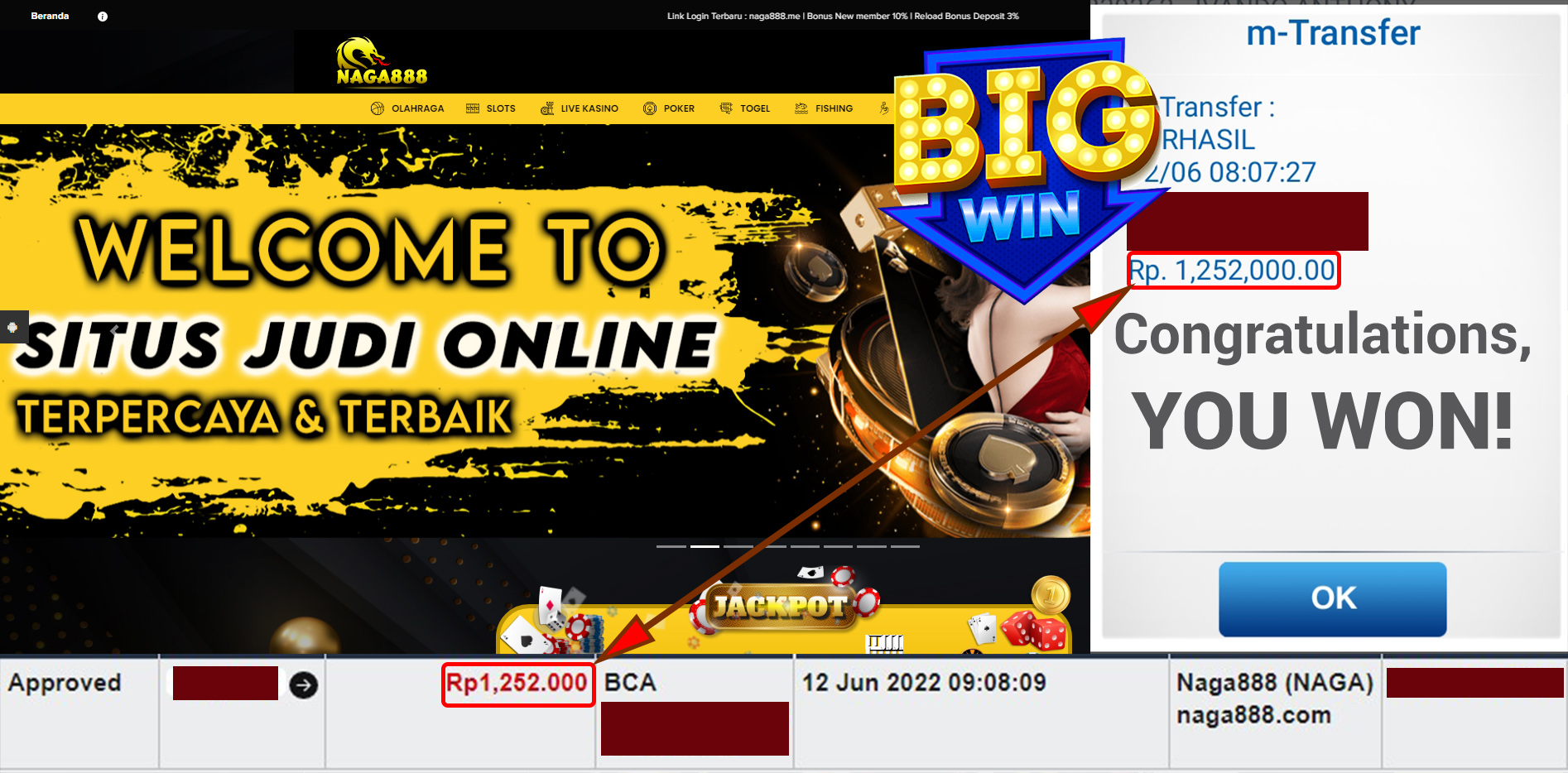 Bukti Kemenangan WD IDR 1.252.000 | Naga888