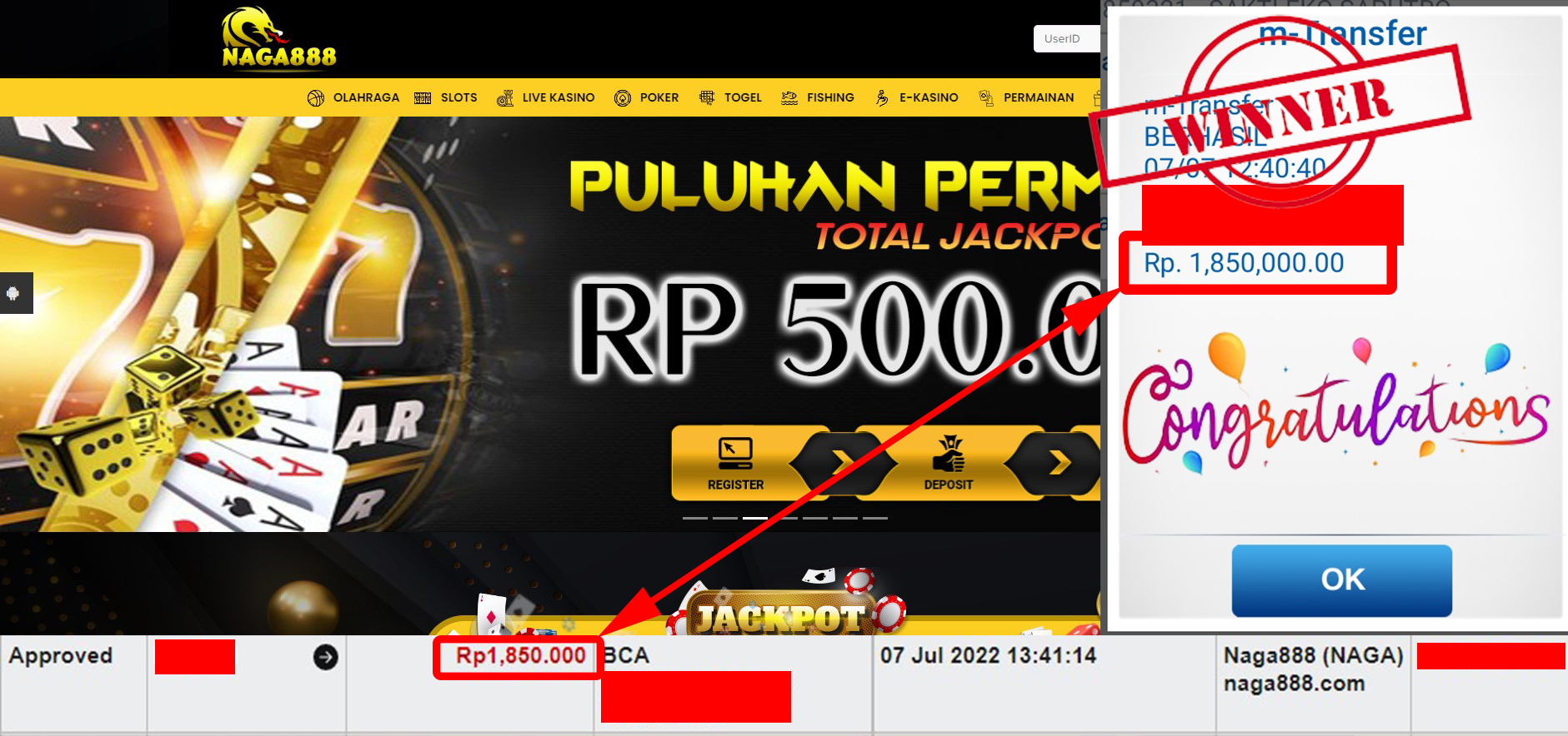 Bukti Kemenangan WD IDR 1.850.000 | Naga888