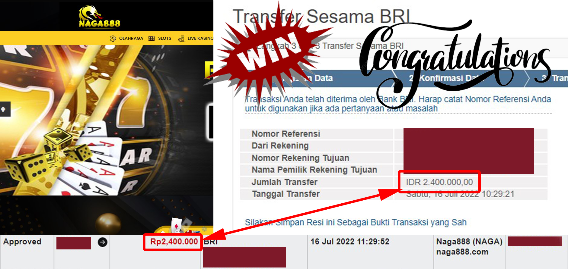 Bukti Kemenangan WD IDR 2.400.000 | Naga888