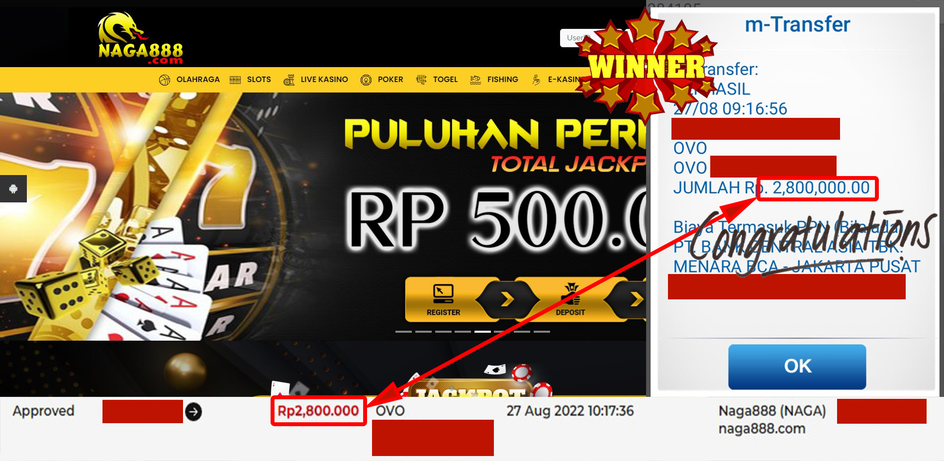 Bukti Kemenangan WD IDR 2.800.000 | Naga888
