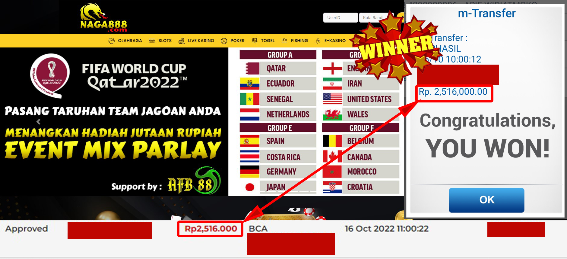 Bukti Kemenangan WD IDR 2.516.000 | Naga888