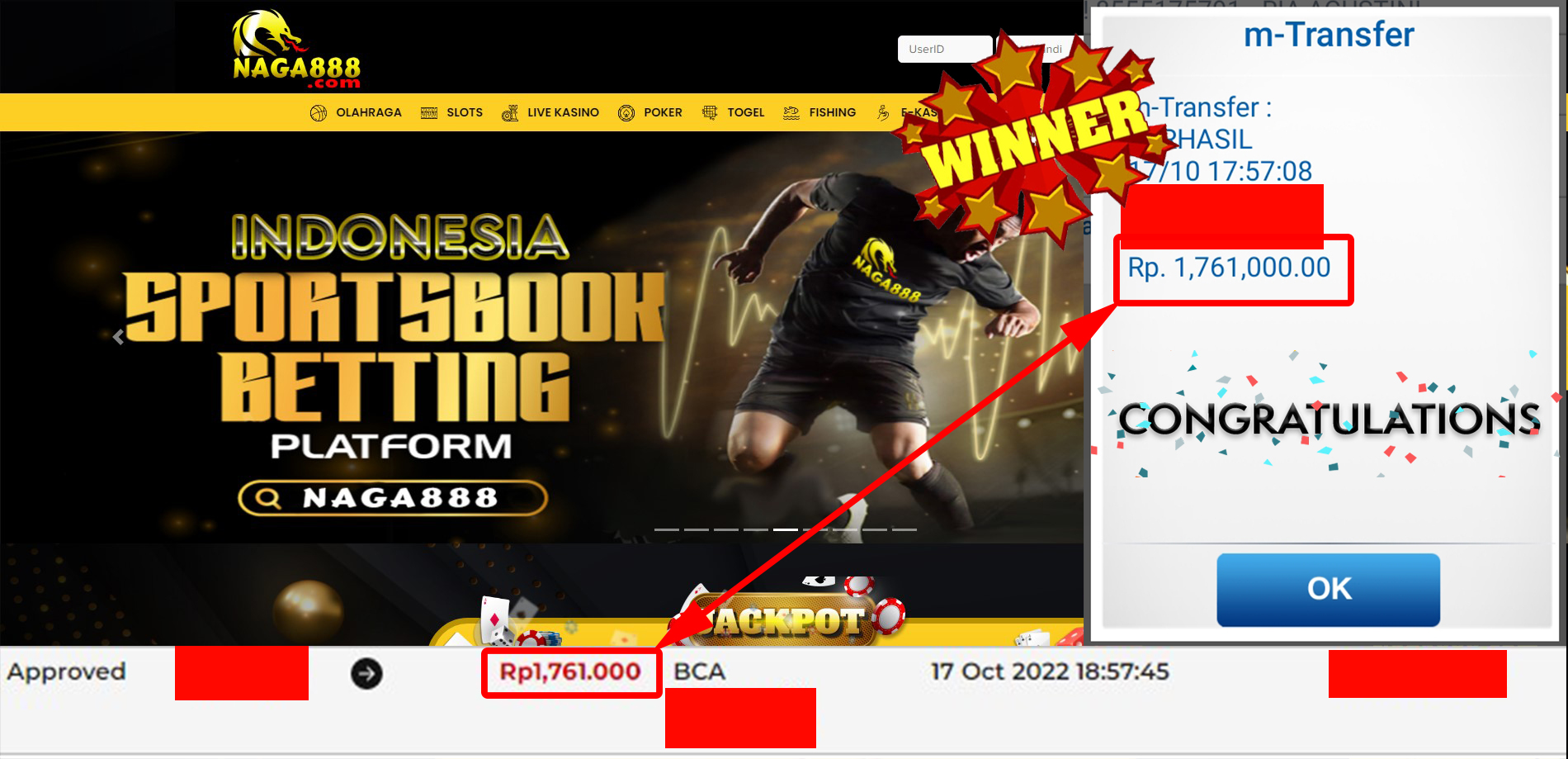 Bukti Kemenangan WD IDR 1.761.000 | Naga888