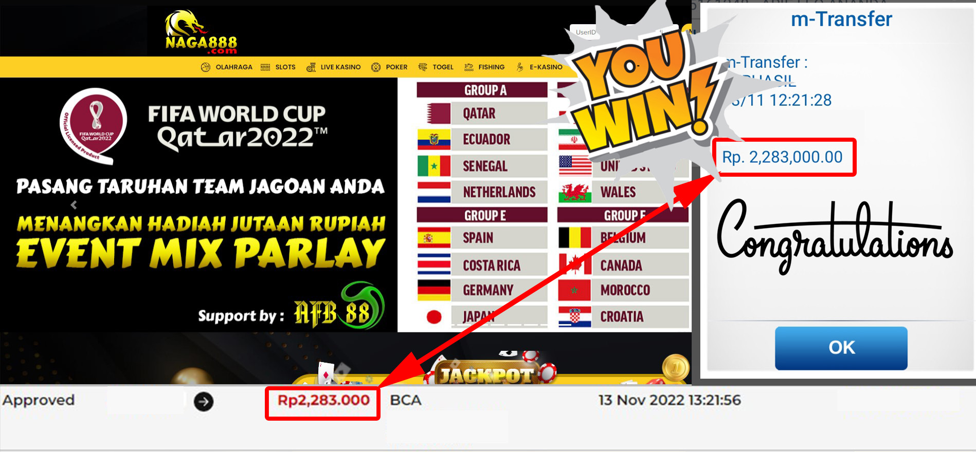 Bukti Kemenangan WD IDR 2.283.000 | Naga888