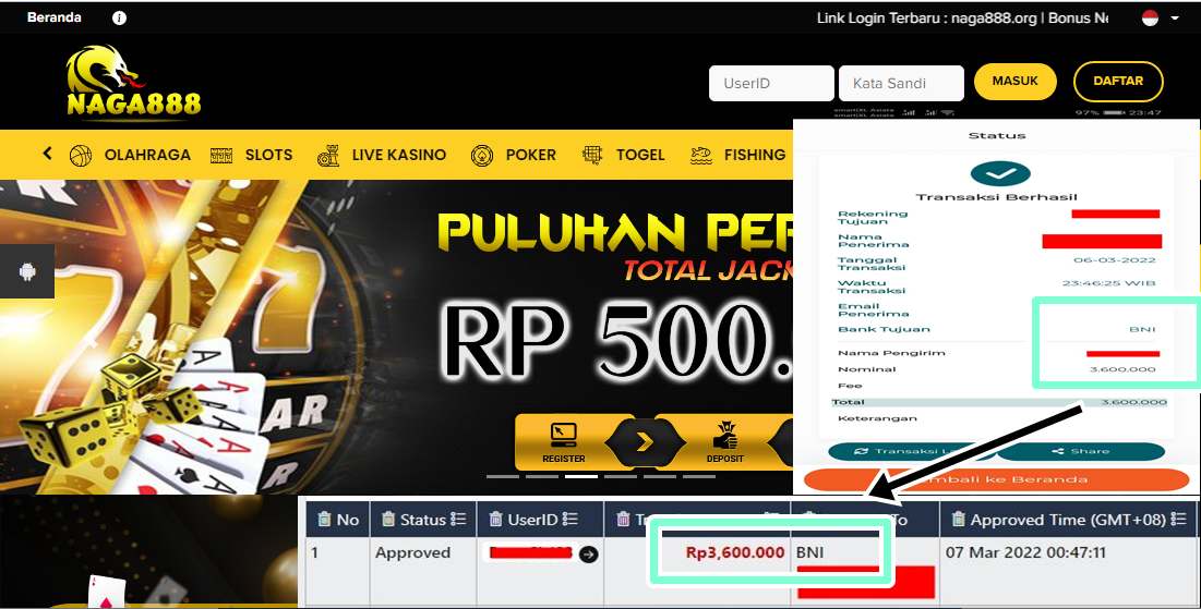 Bukti Kemenangan WD IDR 3.600.000 | Naga888