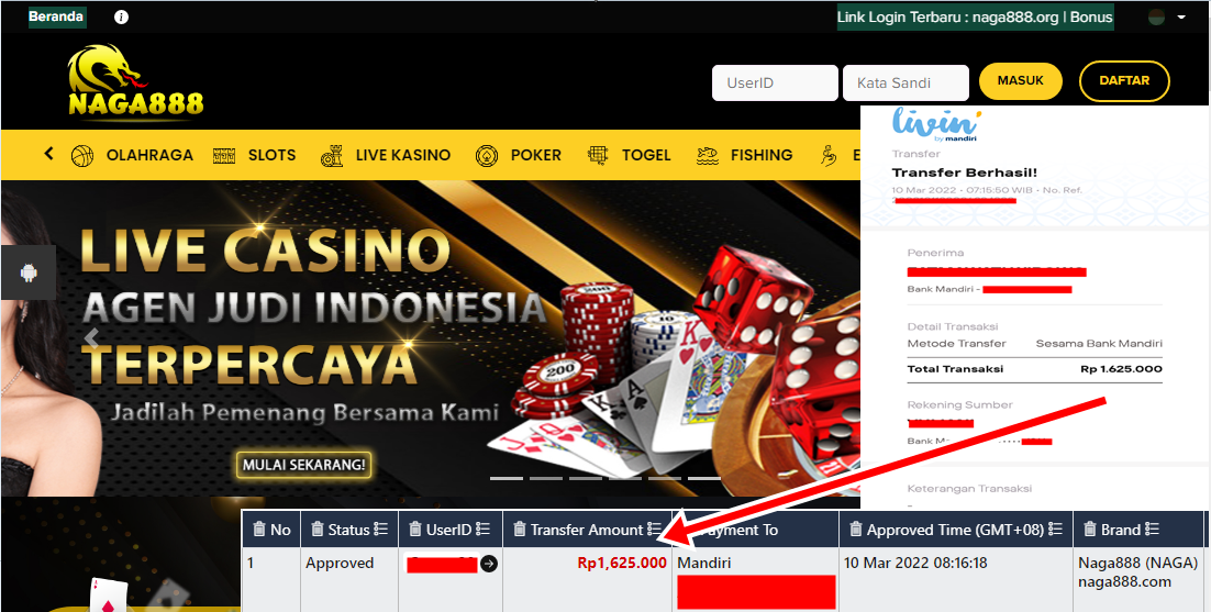 Bukti Kemenangan WD IDR 1.625.000 | Naga888