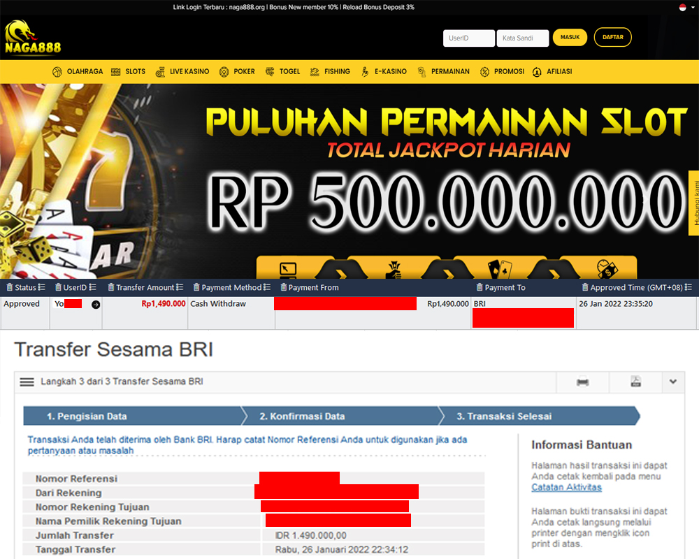 Bukti Kemenangan WD IDR 1.490.000| Naga888