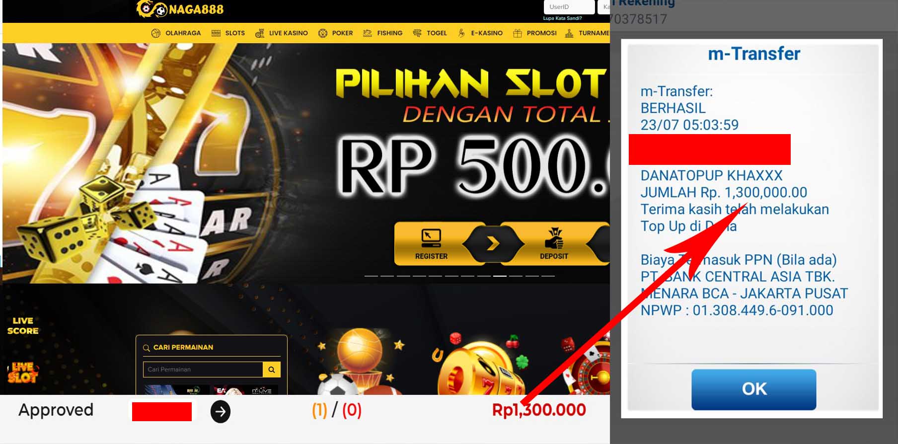 Bukti Kemenangan WD IDR 1.3000.000 | Naga888