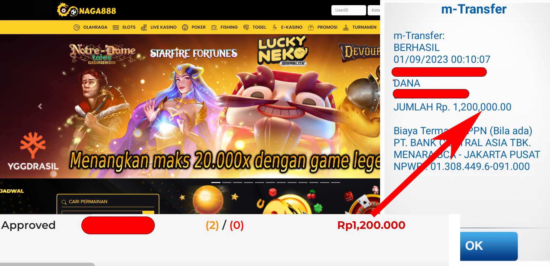 Bukti Kemenangan WD IDR 1.200.000 | Naga888