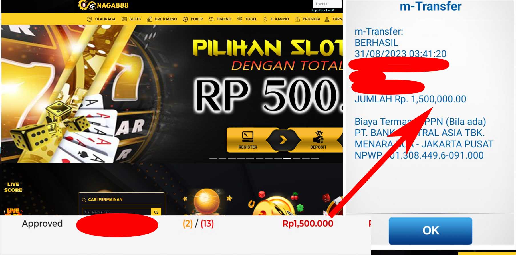 Bukti Kemenangan WD IDR 1.500.000 | Naga888