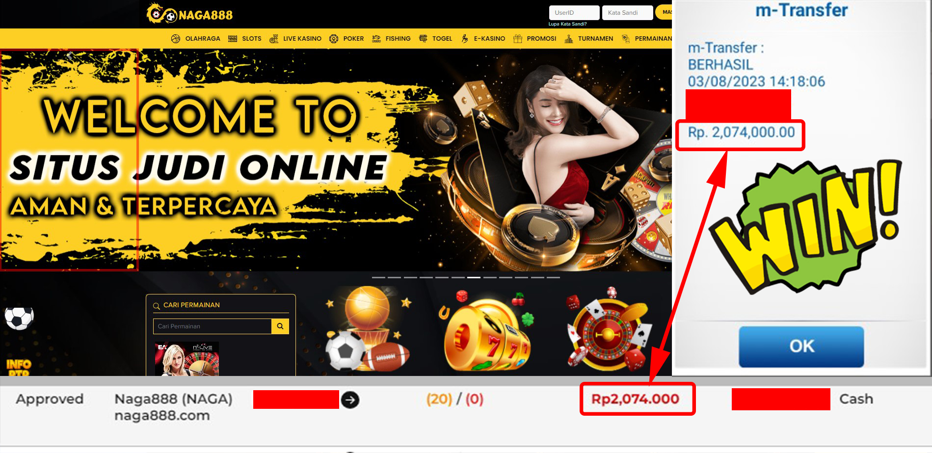 Bukti Kemenangan WD IDR 2.074.000 | Naga888