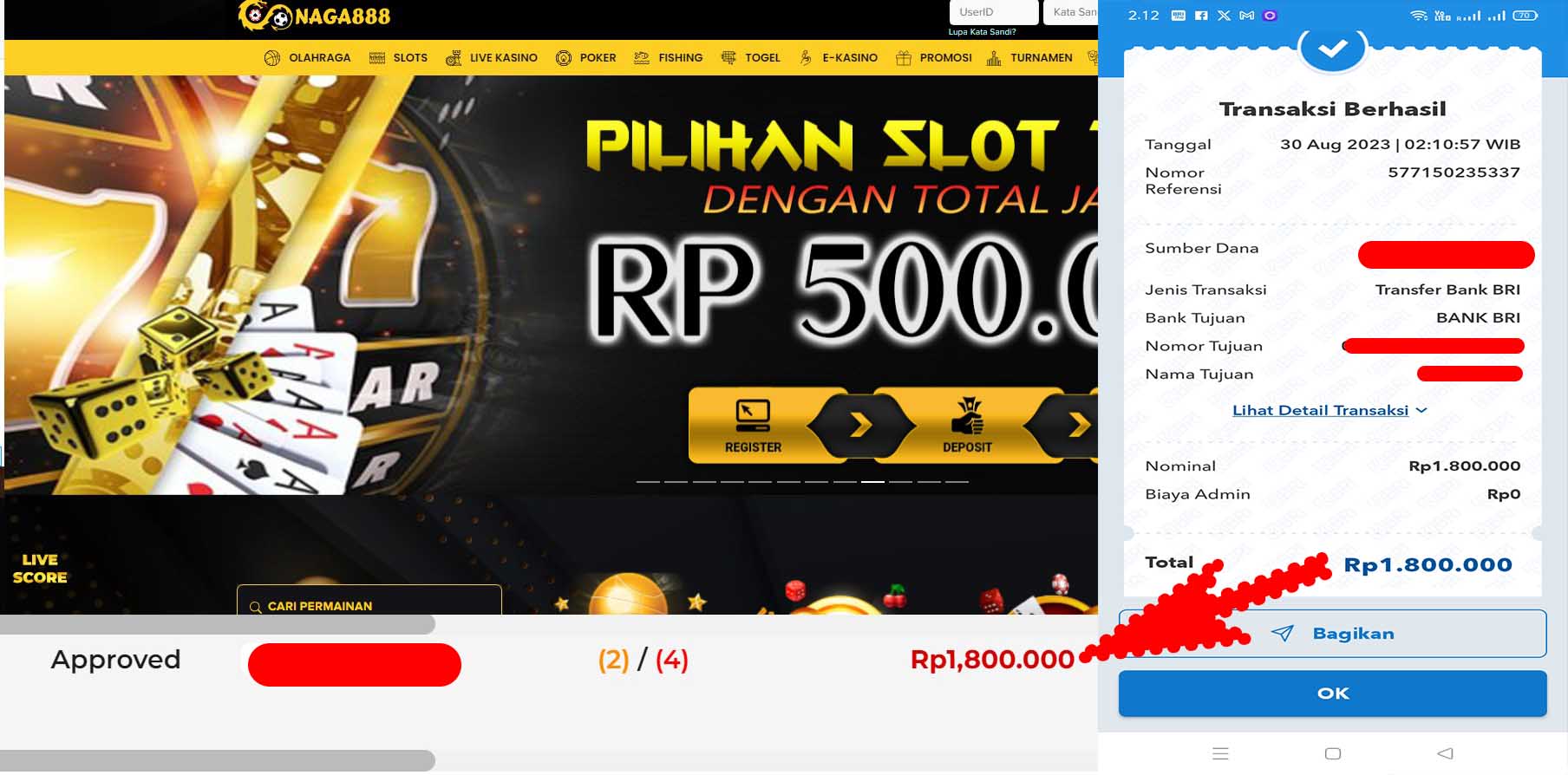 Bukti Kemenangan WD IDR 1.800.000 | Naga888