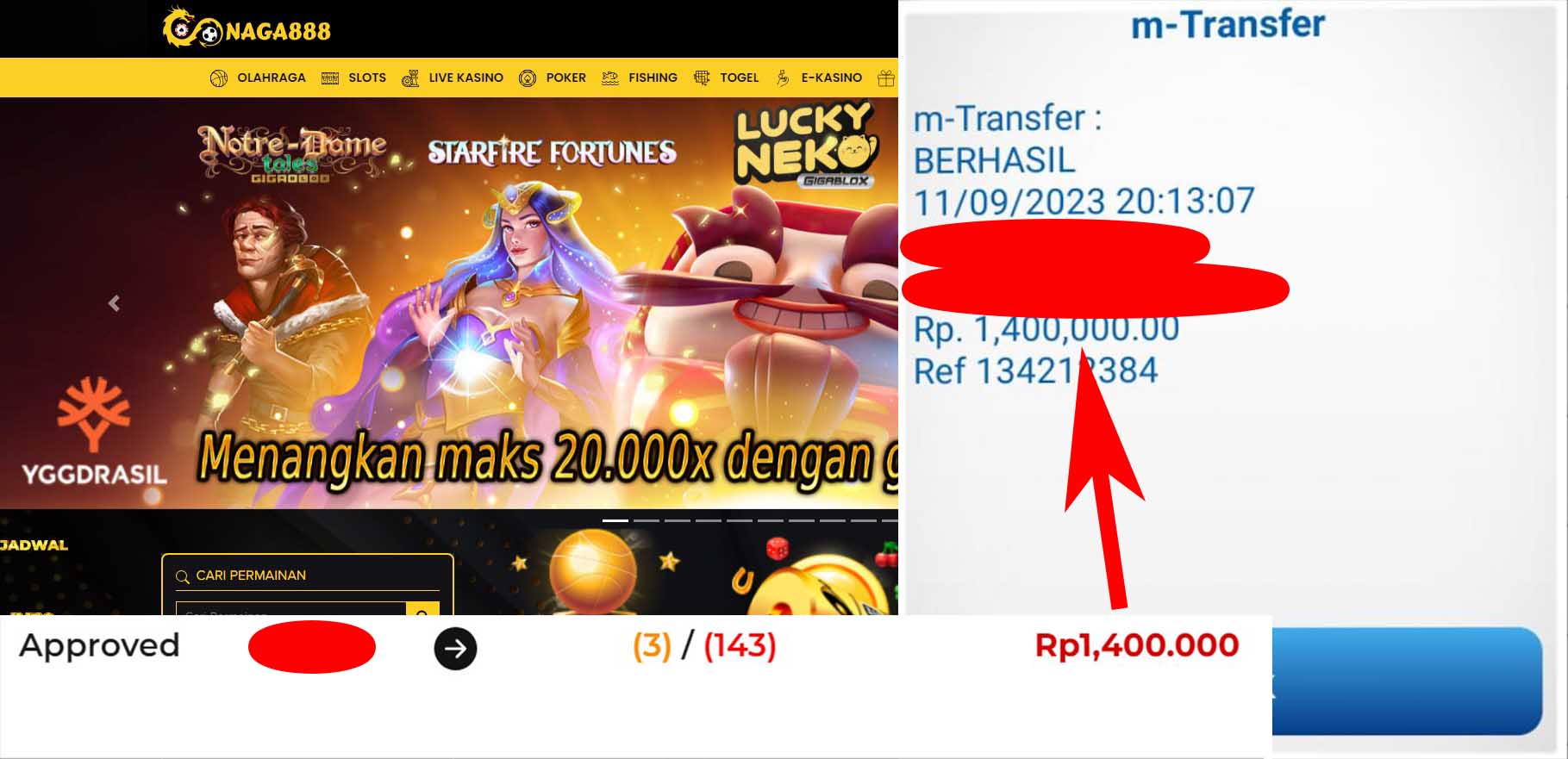 Bukti Kemenangan WD IDR 1.400.000 | Naga888