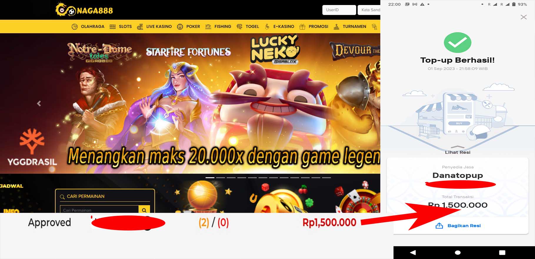 Bukti Kemenangan WD IDR 1.500.000 | Naga888