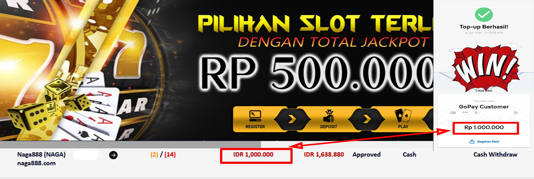 Bukti Kemenangan WD IDR 1.000.000 | Naga888
