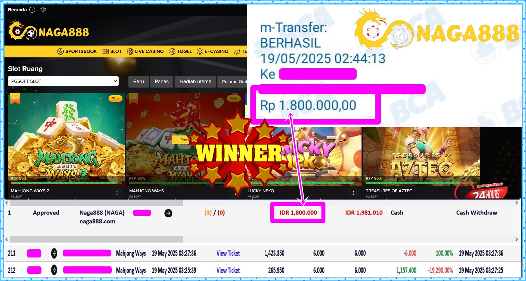 Bukti Kemenangan WD IDR 1.800.000,- | Naga888