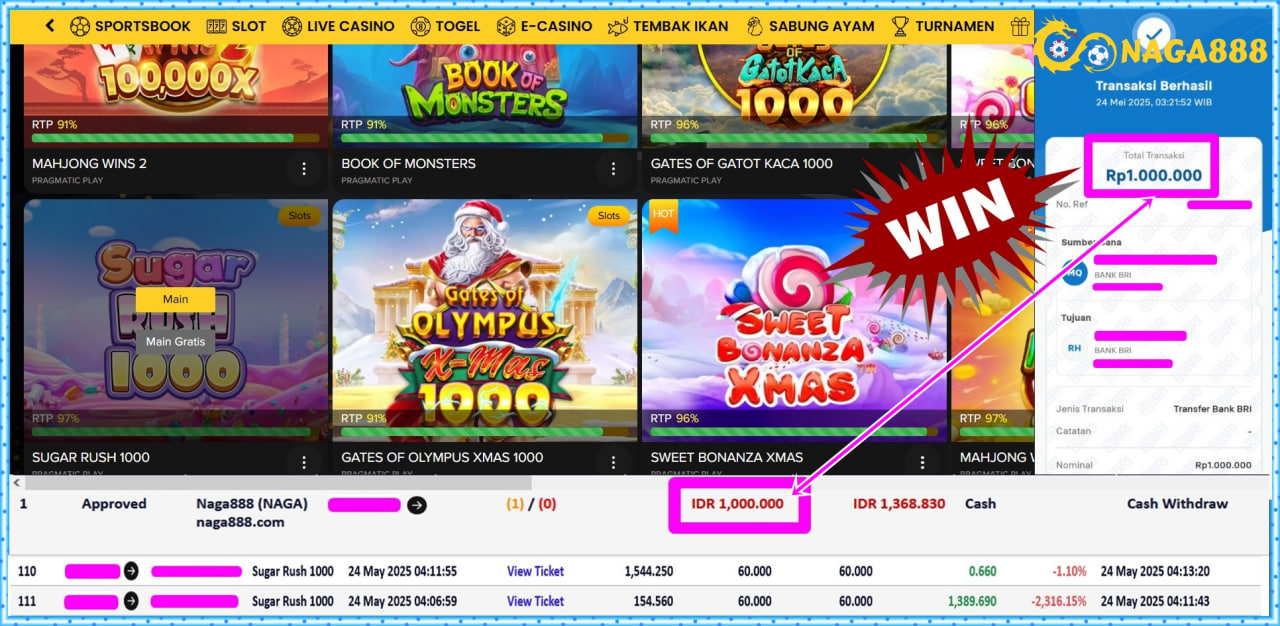 Bukti Kemenangan WD IDR 1.000.000,- | Naga888